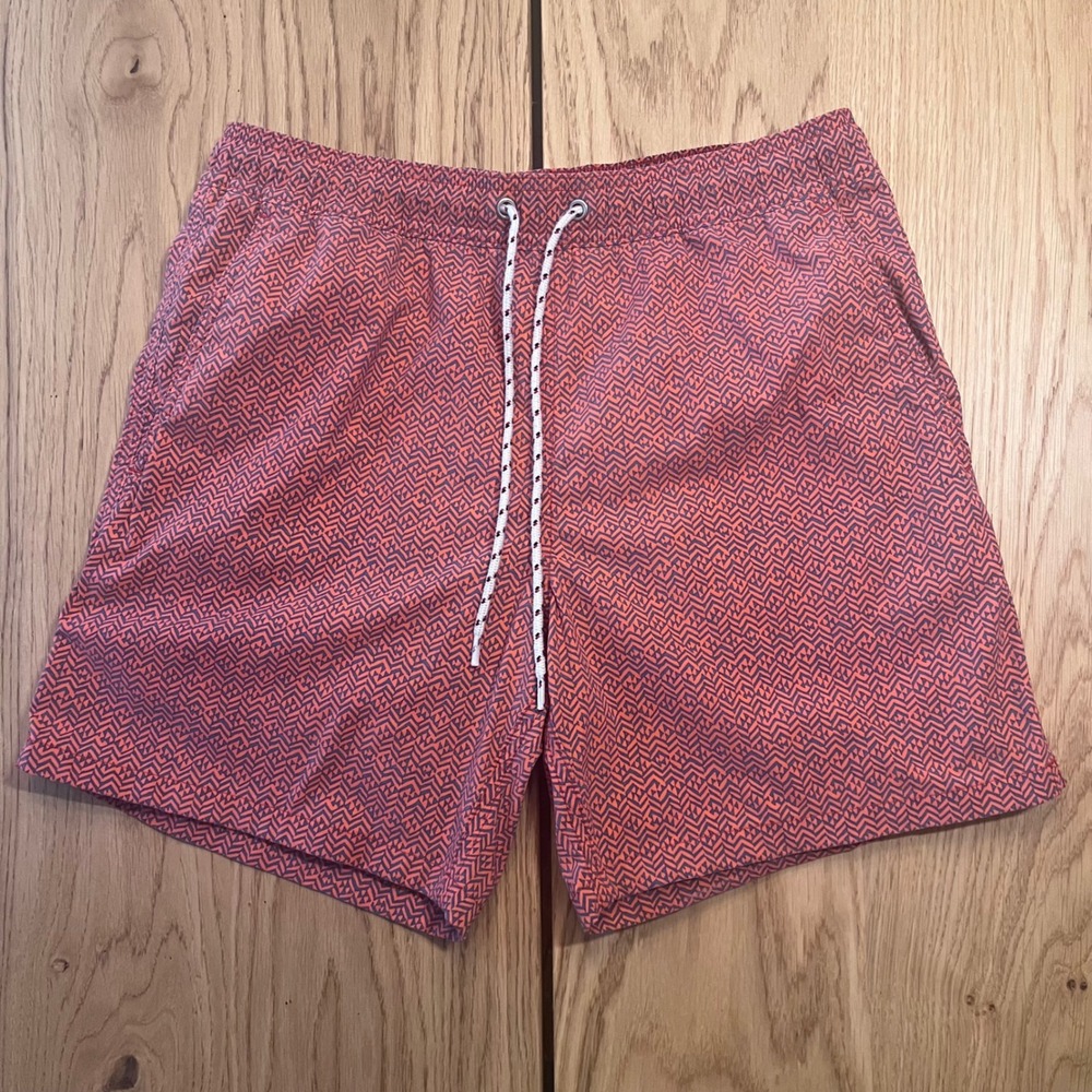 J. Crew Swim Trunks Men Small Orange Geometric Pattern Board Shorts Summer Beach